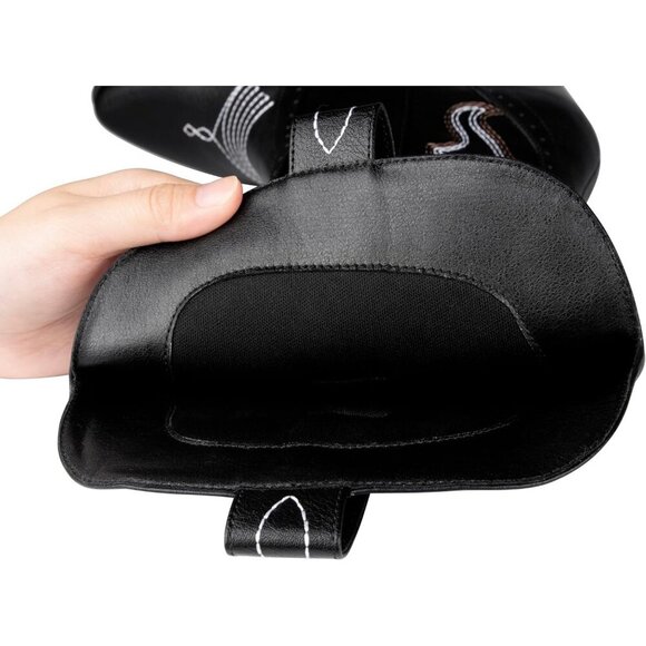 Women Synthetic Black Boots Mid-calf Pointy Toe Chunky Heels Embroidered Boot - Picture 4 of 7